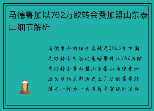 马德鲁加以762万欧转会费加盟山东泰山细节解析 马德鲁加以762万欧转会费加盟山东泰山细节解析