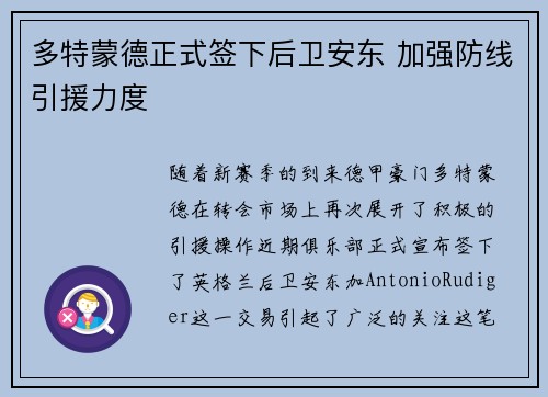 多特蒙德正式签下后卫安东 加强防线引援力度